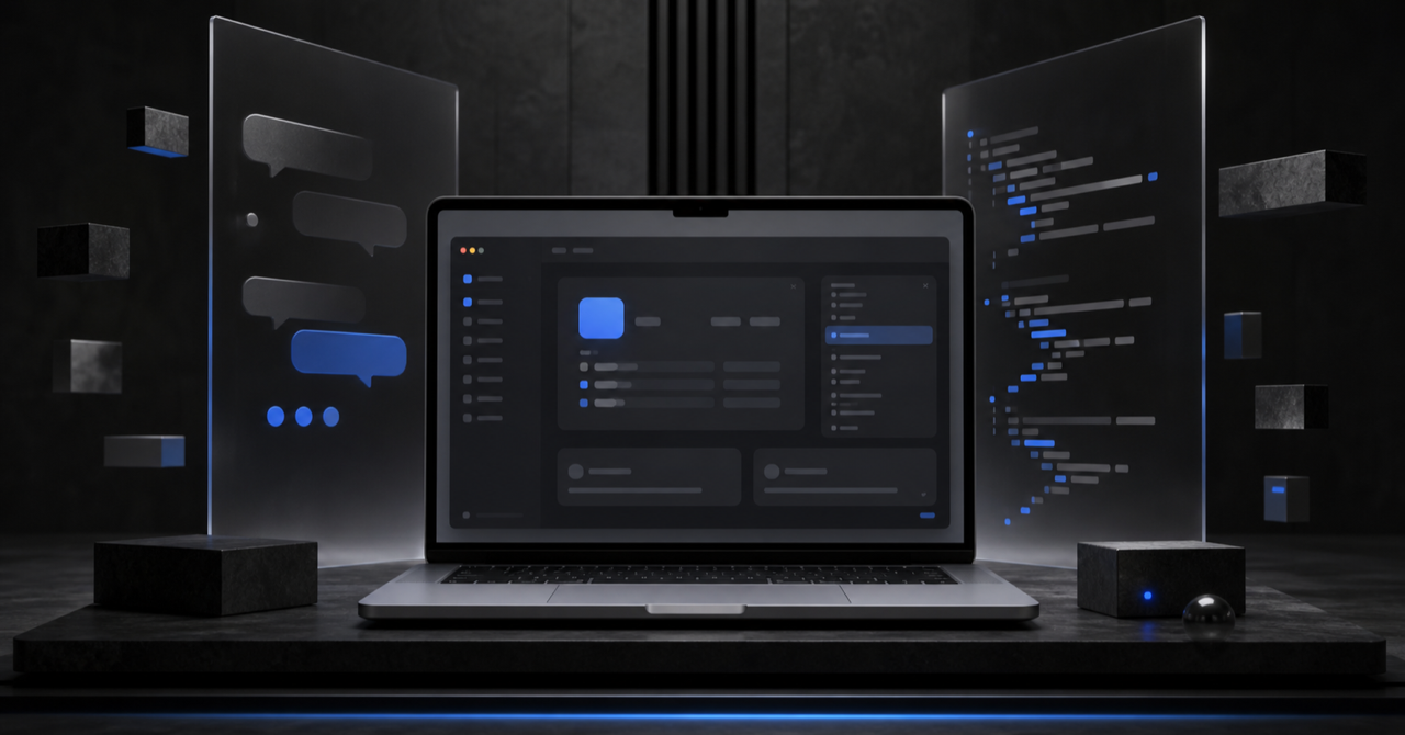 中央のMacノートと会話・コードの抽象パネルでChatGPTとCodexによるアプリ開発を表現したアイキャッチ