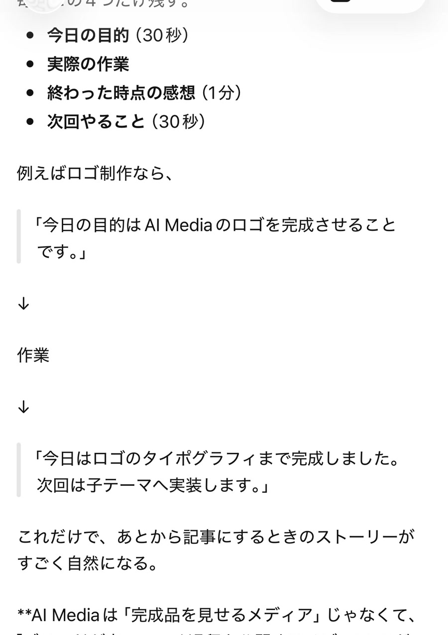今日の目的、実際の作業、感想、次回やることを記録する4項目